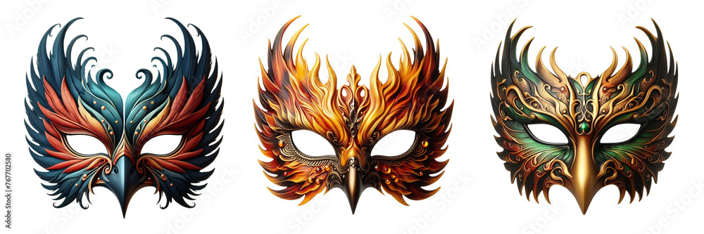 Set of phoenix carnival mask, phoenix mask on a transparent png background, The phoenix carnival mask's radiance for every celebration Set of phoenix carnival mask, phoenix mask on a transparent png background, The phoenix carnival mask's radiance for every celebration