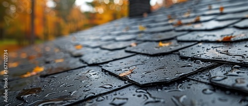 The roof is wet and covered in leaves photo