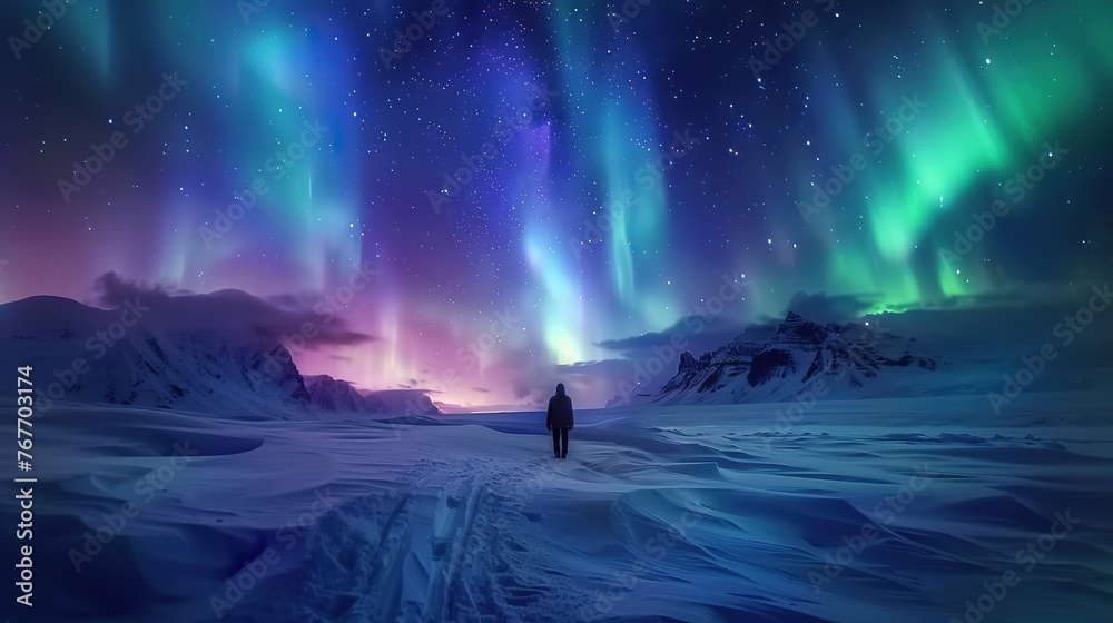A person is walking in the snow in front of a beautiful aurora. The sky is filled with colorful lights and the person is the only one in the scene