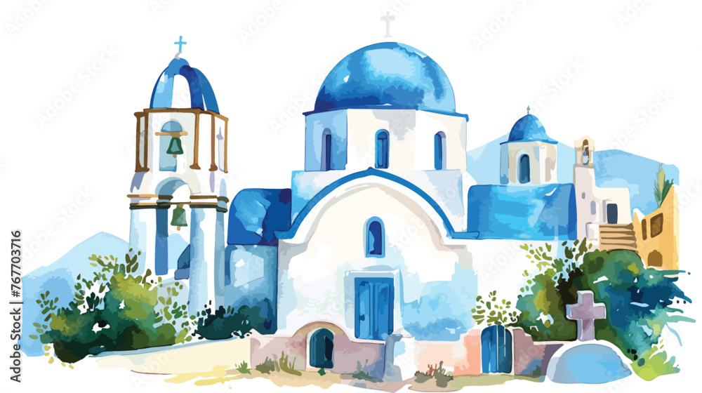 Traditional blue domed church with bell tower - obrazy, fototapety, plakaty 