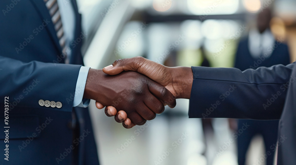 Businessmen making handshake with partner, closeup of handshake of business partners