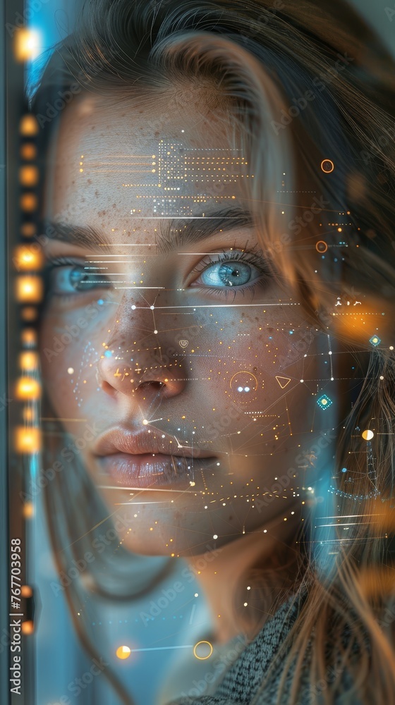 An intense gaze of a woman enhanced by a projected futuristic head-up display (HUD), illustrating a seamless human-tech integration.