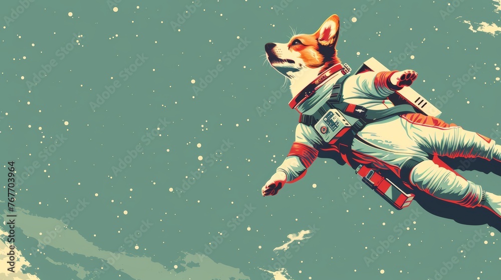 A whimsical illustration of a corgi astronaut in a spacesuit, serenely drifting through the starry expanse of outer space.