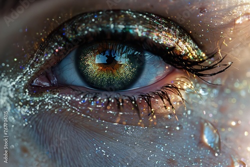 A woman's eye is covered in glitter, giving it a sparkling, almost ethereal appearance. The eye is surrounded by a blue and silver shimmer, which adds to the overall dreamy