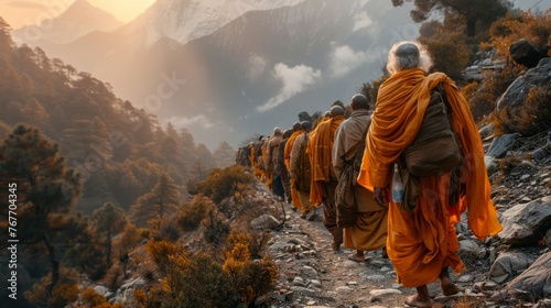 Monks strolling through cloudcovered mountains enjoying natural landscape photo