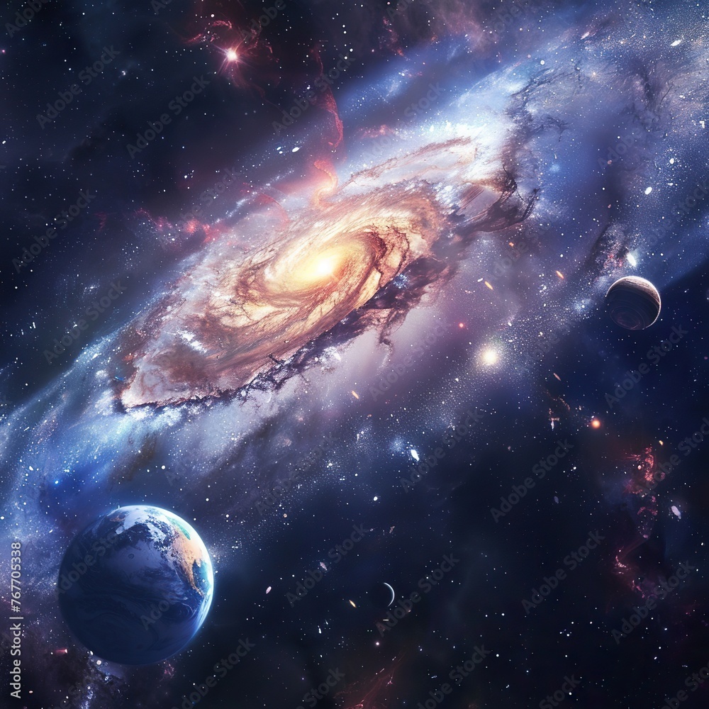 Obraz premium A spiral galaxy with a planet and a moon in the foreground. The galaxy is filled with stars and planets, and the colors are vibrant and bright. Scene is one of wonder and awe