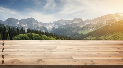 Majestic Mountain Panorama with Wooden Platform © evening_tao