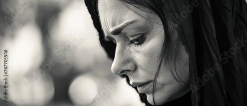 A woman with her eyes closed and a sad expression on her face. She is wearing a hoodie and she is crying