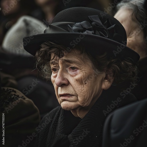 A woman with a black hat and a black scarf is looking down. She has a sad expression on her face