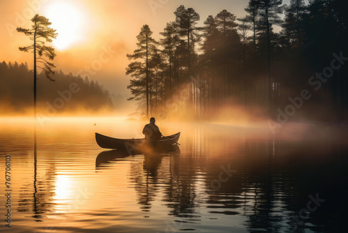Tranquil Sunrise Canoeing in Misty Forest Lake