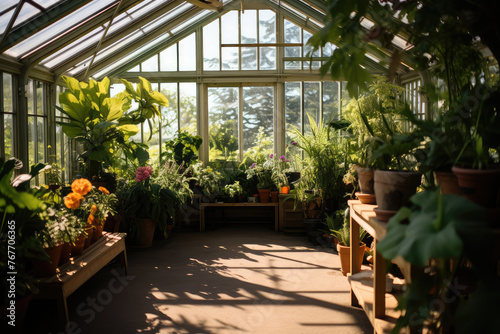 Serene Sunlit Greenhouse Full of Lush Plants