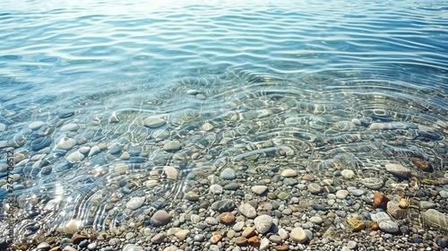 The water is calm and clear, with a few rocks scattered throughout the surface. Concept of tranquility and peacefulness, as the water appears to be undisturbed by any movement or activity