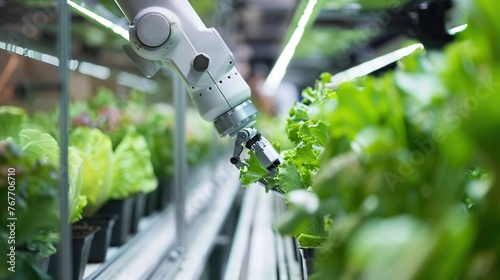 A robot is picking up a leaf from a plant. The robot is white and has a long arm