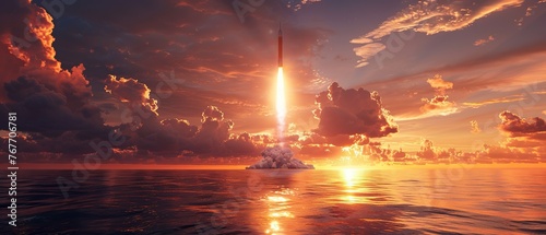 A rocket is launching into the sky over a calm ocean. The sky is filled with clouds and the sun is setting, creating a beautiful and serene atmosphere