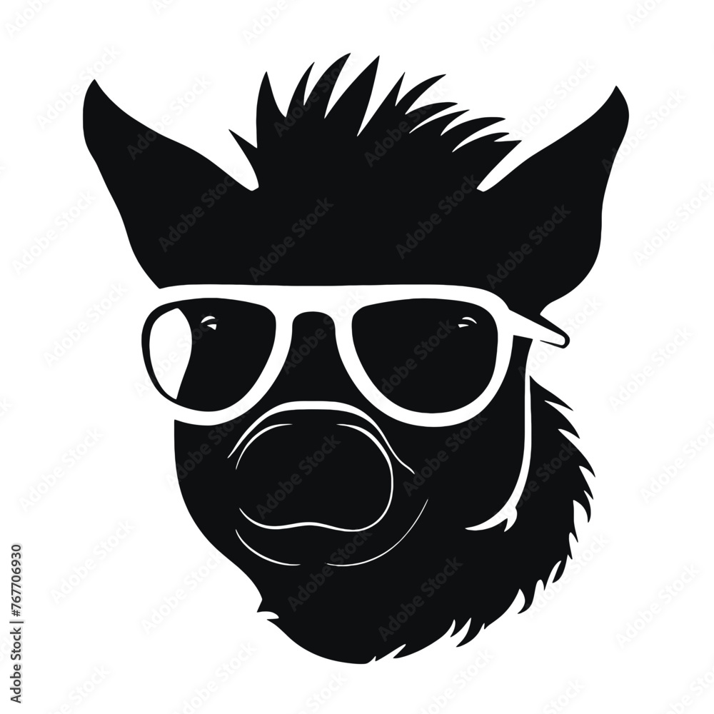 boar wearing sunglasses, vintage logo line art concept black and white color, hand drawn illustration