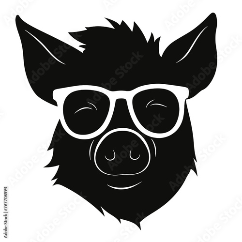 boar wearing sunglasses, vintage logo line art concept black and white color, hand drawn illustration