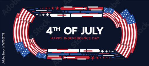 4th of july, happy independence day - Text in frame with abstract modern curve usa flags and red white blue star around on dark blue background vector design