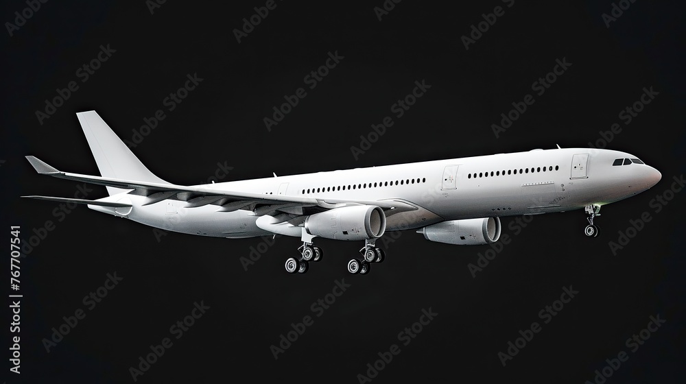 A white airplane is on the ground with its wheels down. The plane is large and has a long body