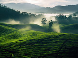 Serene Misty Morning in Lush Tea Plantation