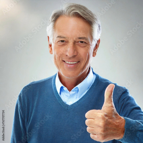 나이가 있는 백인 남성이 웃는 얼굴로 환한 미소를 짓고 엄지손가락 포즈하는 사진 photo