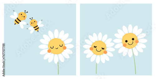 Daisy flower cartoons and bee cartoons on blue background vector. Cute childish print. © Thanawat