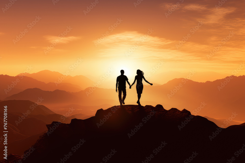 Romantic Sunset Silhouette of Couple on Mountain