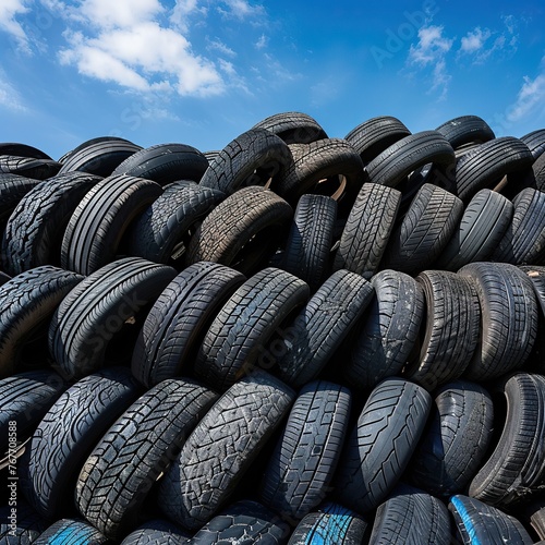 A pile of old tires stacked on top of each other. The tires are of different sizes and are piled up in a heap. Concept of waste and neglect, as the tires are no longer in use and have been discarded photo