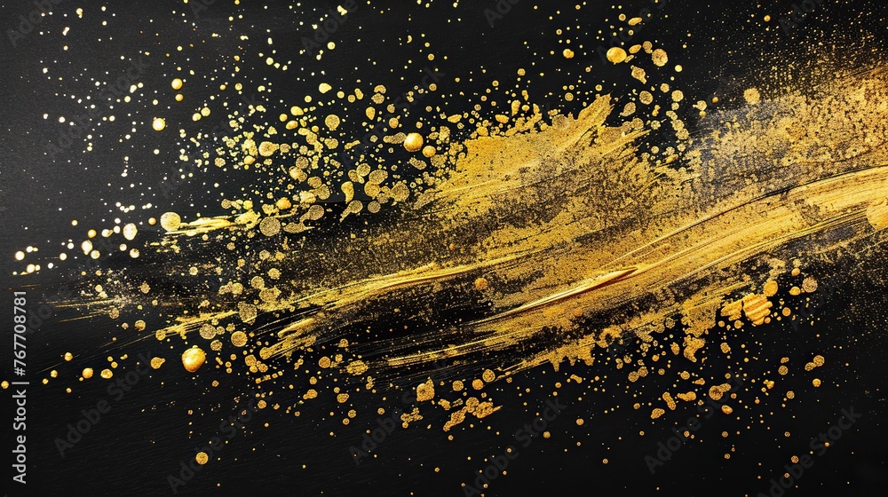 A gold spray paint splatter on a black background. The gold paint is scattered all over the black surface, creating a sense of movement and energy. The image evokes a feeling of excitement