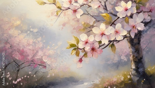 blossom in spring.a romantic floral wall art featuring a single panel of cherry blossom flowers bathed in soft, ethereal light, emanating a dreamy and enchanting atmosphere. Use a painterly art style 
