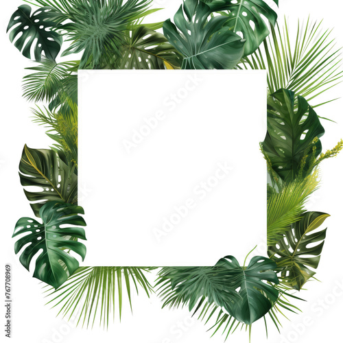 Square frame from tropical plants  palm leaves  isolated on white background