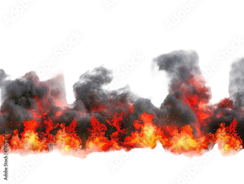 Explosion border with dark smoke and red lava isolated on white or transparent background
