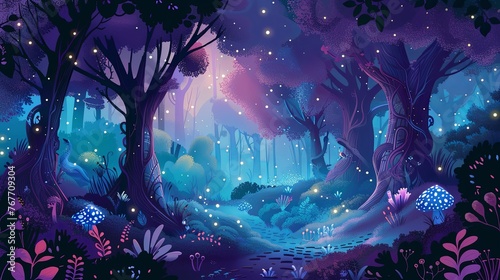 An illustration of a magical forest scene at twilight, where glowing flora and mystical trees create a tranquil and enchanted atmosphere. Enchanted Forest Glade at Twilight   © M