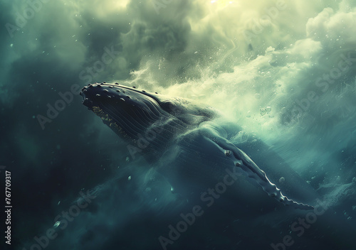 Bubbling Behemoth: Showcase the humpback whale exhaling a plume of misty breath as it surfaces, surrounded by cascading bubbles and foam, adding a dynamic element to the scene. photo