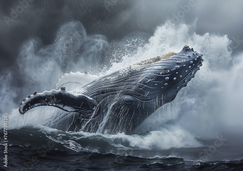 Bubbling Behemoth: Showcase the humpback whale exhaling a plume of misty breath as it surfaces, surrounded by cascading bubbles and foam, adding a dynamic element to the scene. photo