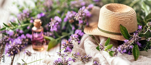 A bottle of lavender oil sits on a table next to a hat and a bunch of purple flowers photo