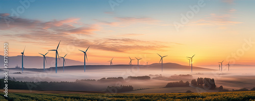 Wind farm or turbines at sunset backlight.