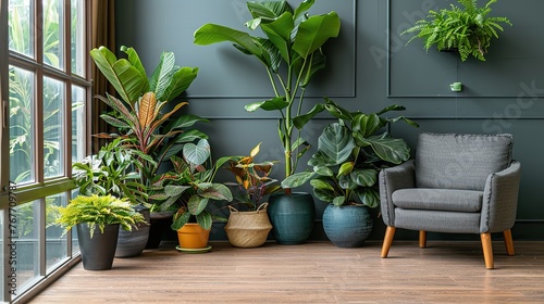 A room with a lot of plants and a chair. The plants are in various sizes and colors, and the chair is gray. The room has a natural and calming atmosphere, with the plants providing a sense of life © Dawid