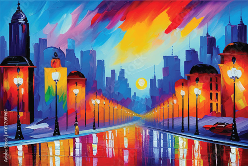 Artistic painting of skyscrapers. Abstract style. Cityscape panorama. Vibrant Artwork: Acrylic Paint in a Multicolored Painting. Cityscape with abstract oil painting. A city view in oil painting. 