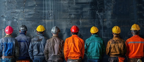 A group of construction workers wearing hard hats stand in a line. The workers are wearing different colored jackets, including orange, green, and blue. Concept of unity and teamwork among the workers photo