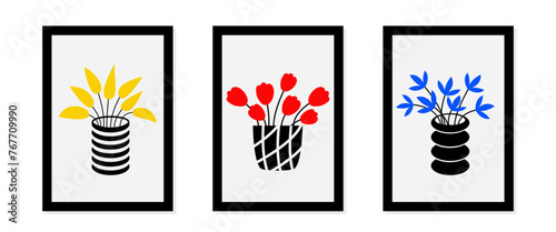 Yellow, red, blue flower set in vase. Ceramic black white glass vase. Cute flowers icon. Pottery decoration. Modern abstract art. Black frame poster picture print. White background. Flat design Vector