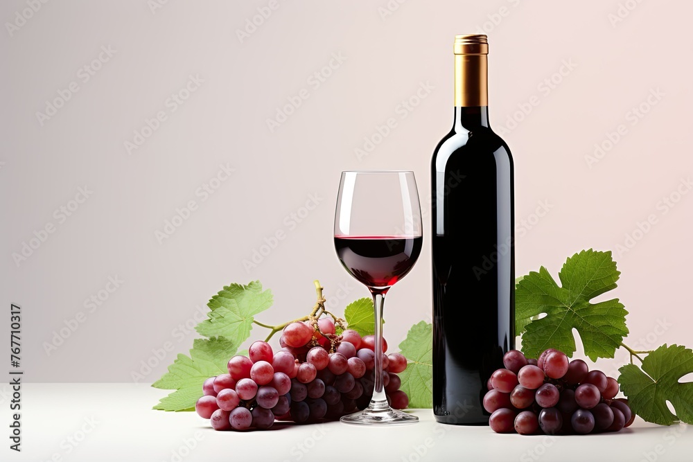 Bottle and glass of red wine with grapes on table