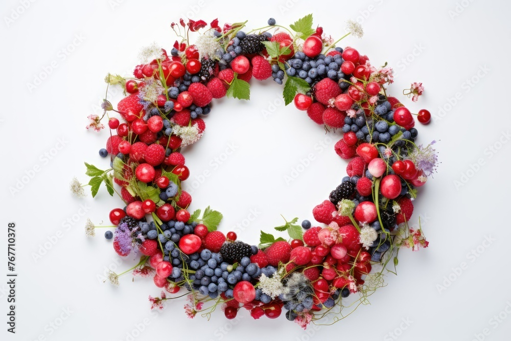 Berry wreath made of various red and purple fruits
