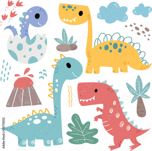 Set of Dinosaurs and Elements Doodle Clipart