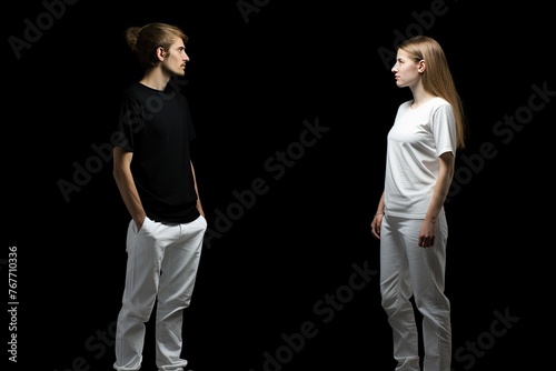 Two people in black and white clothing facing each other © BetterPhoto