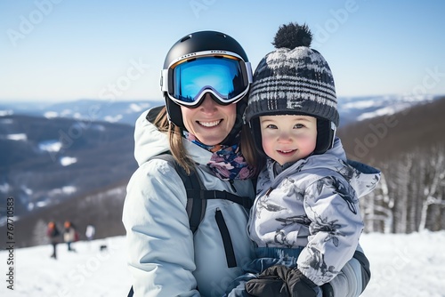 Mother and child in snow with ski goggles smiling