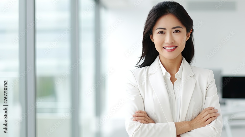 Professional Asian businesswoman smiling in office environment Professional Asian businesswoman smiling in office environment