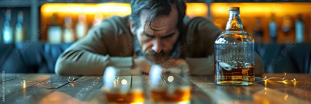 Glasses and bottles of strong alcohol near a person, Concept: illustration of alcohol addiction, problems and depression Glasses and bottles of strong alcohol near a person, Concept: illustration of alcohol addiction, problems and depression