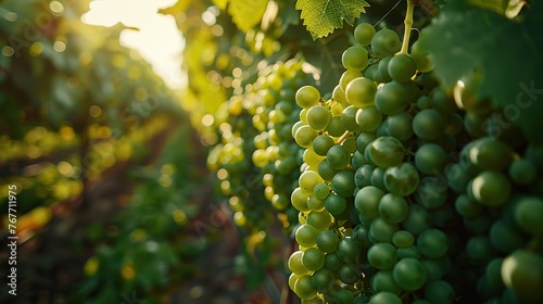 A bunch of grapes hanging from a vine. The grapes are green and are growing in a vineyard