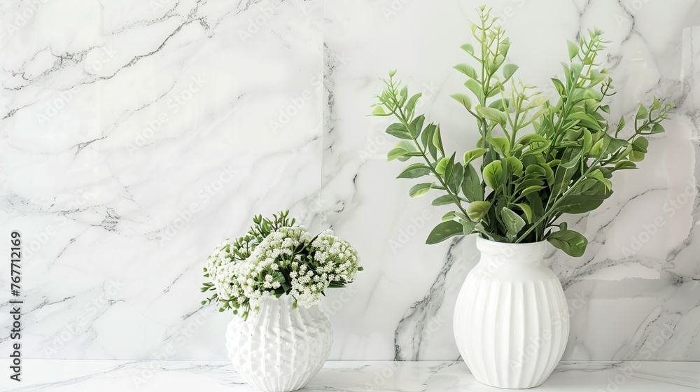 Two white vases with flowers in them sit on a marble countertop. The vases are arranged in a way that creates a sense of balance and harmony