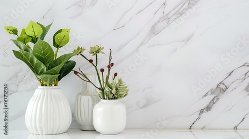 Three white vases with plants in them sit on a marble countertop. The vases are arranged in a row, with the tallest one in the middle and the shortest one on the left photo